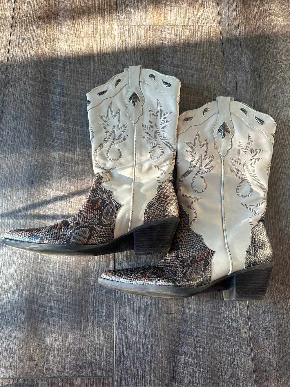 Reba Cream Western Ankle Boots with Snakeskin Accent